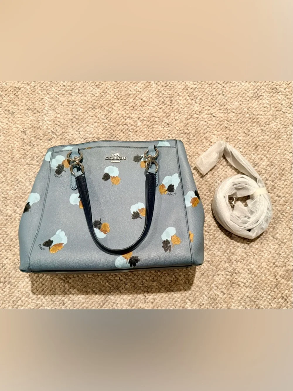 Coach Gray Blue Floral Print Structured Satchel Handbag